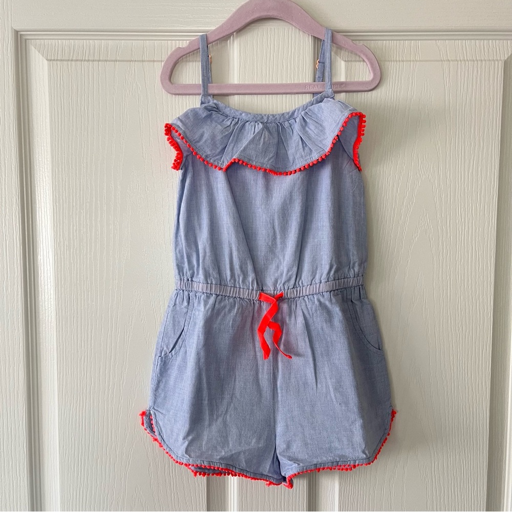Mini Boden Romper w/ Pom Pom Trim - Blue - Size 6/7